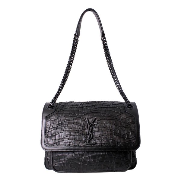 Laurent Niki Medium Crocodile Embossed Leather Black Satchel Bag 498894