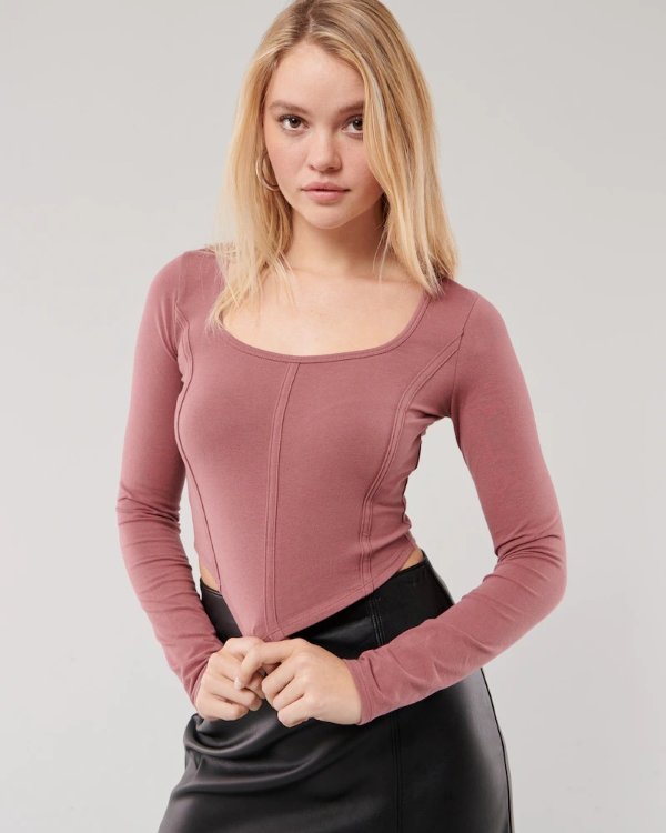 Long Sleeve Seamed Square-Neck Crop T-Shirt