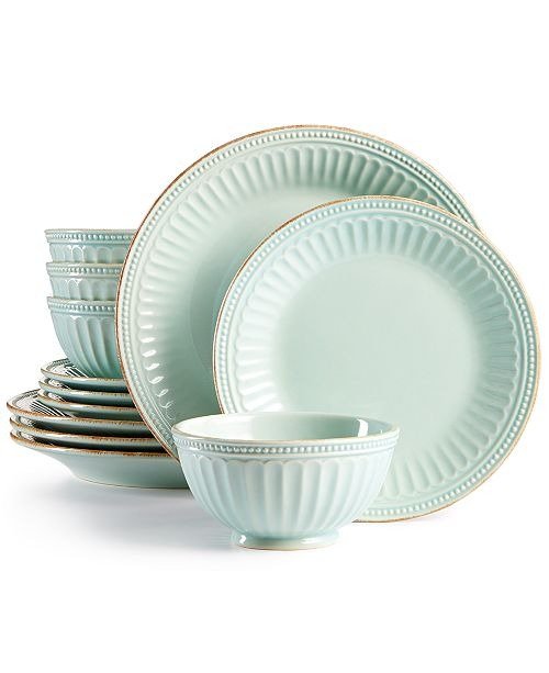 French Perle Groove Ice Blue 12-Piece Dinnerware Set, Service for 4, Created for Macy's