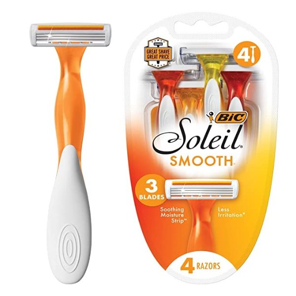 Soleil Smooth Women's Disposable Razors, 3 Blades With Moisture Strip For a Silky Smooth Shave, 4-Count