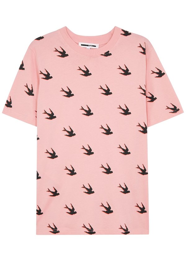 Light pink swallow-print cotton T-shirt