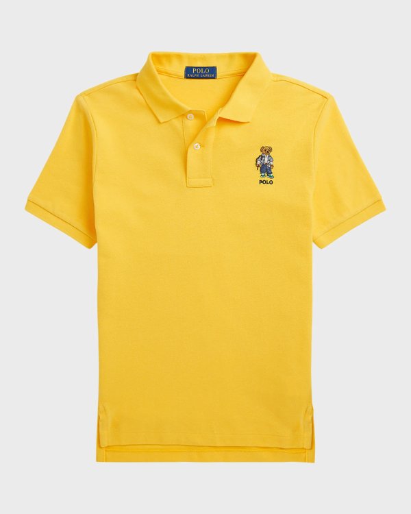 Boy's Embroidered Bear Mesh Polo Shirt, Size S-XL