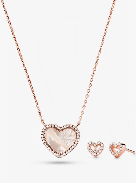 Precious Metal-Plated Sterling Silver and Pave Heart Necklace and Stud Earrings Set