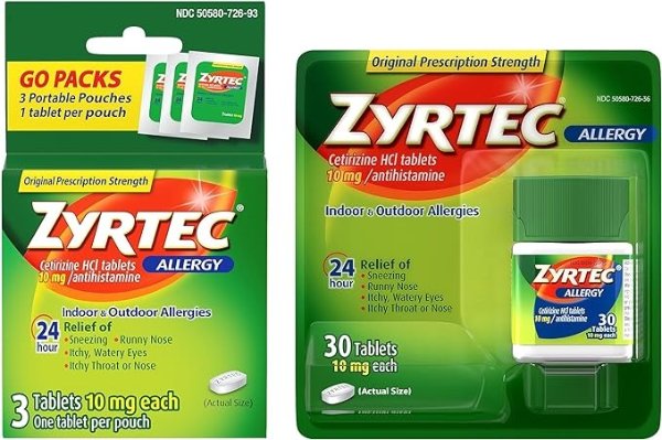 24 Hour Allergy Relief Tablets, Antihistamine Allergy Medicine with 10 mg Cetirizine HCI, Bundle with 1 x 30 ct and 1 x 3 ct Travel Pack