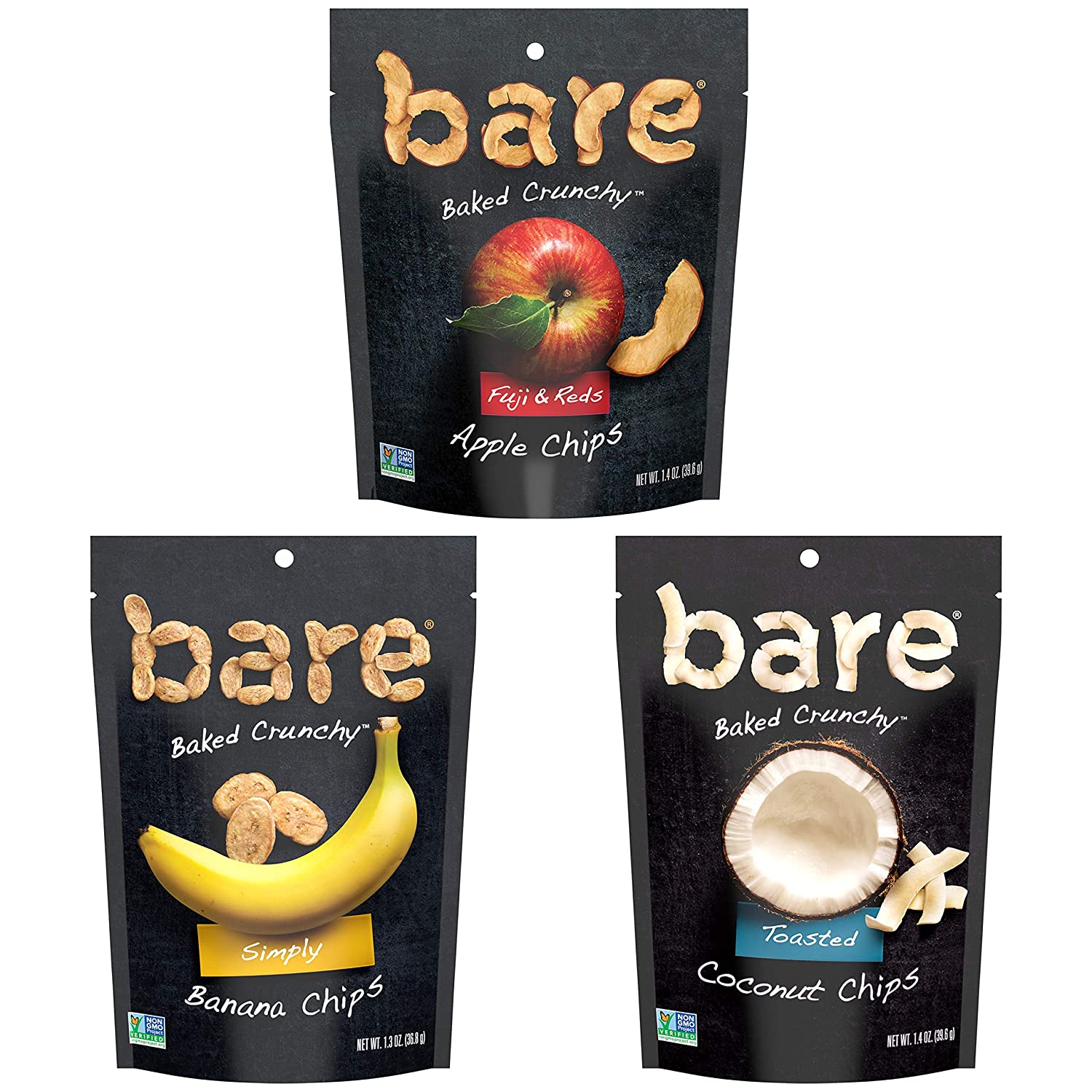 Bare Natural Fruit Chips, 裸天然水果片，单份苹果1.4盎司，香蕉1.3盎司，椰子1.4盎司多种装，无麸质+烤制，（6粒）