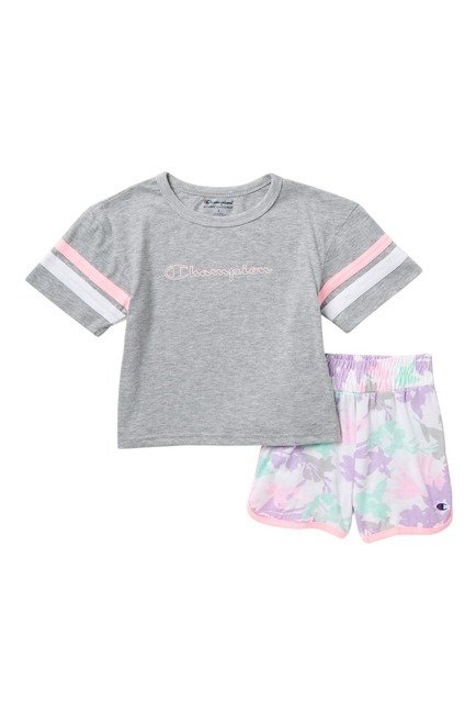 Logo T-Shirt & Floral Print Shorts Set (Toddler & Little Girls)