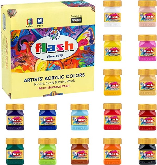 Acrylic Paint Set |16 Colors | 50 ml, 1.7 fl oz Each | High Pigment Strength | Non Fading >| Indoor/Outdoor | Non Toxic | Multi-Surface Paint | Pro Artist, Hobby Painters & Kid