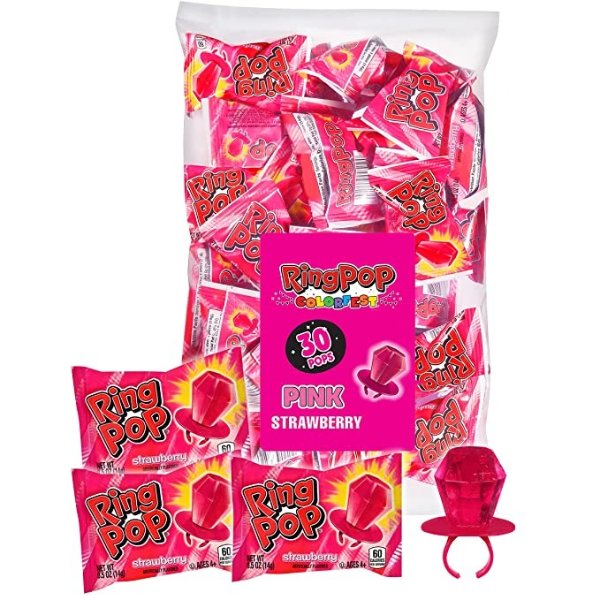 Ring Pop Individually Wrapped Pink Strawberry 30 Count Bulk Lollipop Summer Pack – Strawberry Flavored Lollipop Suckers - Fun Summer Candy For Party Favors, 4th of July Snacks, Bachelorette Parties & Goodie Bags