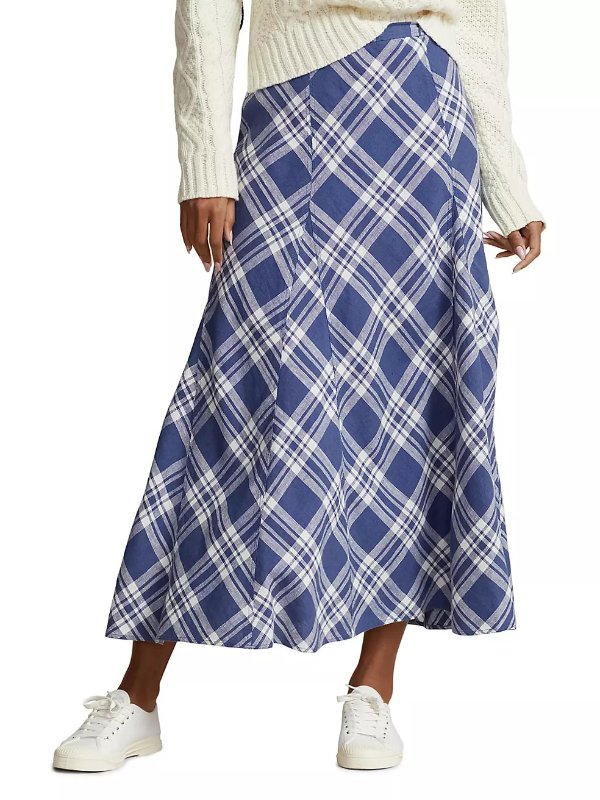 Plaid Linen Godet Maxi Skirt