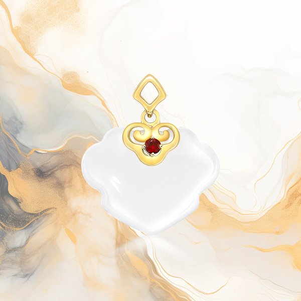 RuYi Hetian Jade Pendant with Rounded Ruby on 18K Yellow Gold Claws Prong