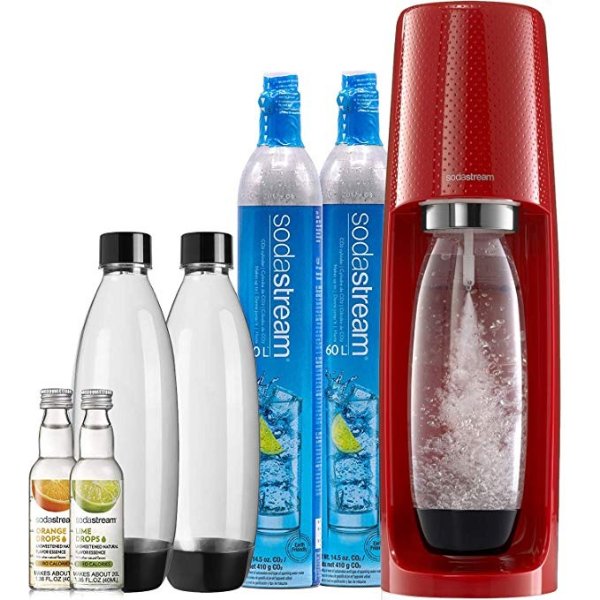 Fizzi Sparkling Water Maker Bundle (Red), with CO2, BPA free Bottles, and 0 Calorie Fruit Drops Flavors