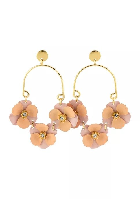 Gold Tone Light Pink Flower Drop Earrings