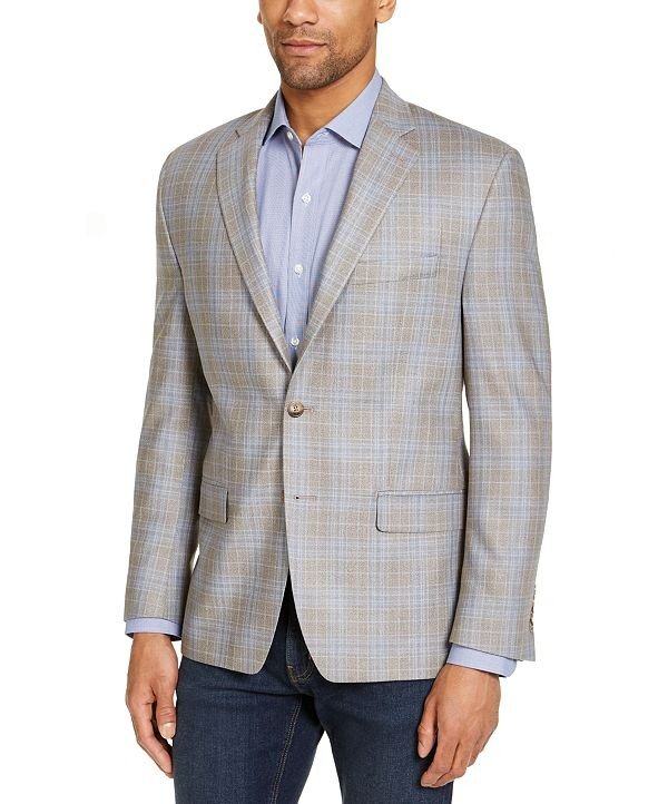 Men's Classic-Fit UltraFlex Light Brown & Blue Plaid Silk & Wool Sport Coat