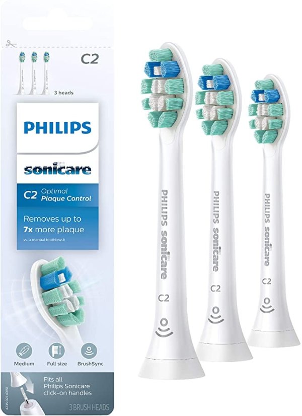 Sonicare Genuine C2 Optimal Plaque Control Toothbrush Heads, 3 Brush Heads, White, HX9023/65
