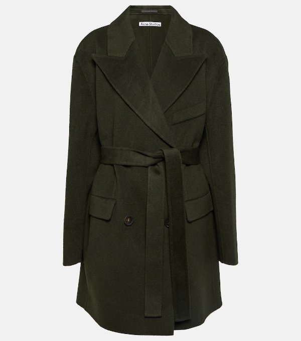Belted double-breasted wool coat in green - Acne Studios | Mytheresa