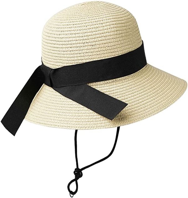 Straw Sun Hat for Women Bowknot Chin-Strap Summer Hat, Wide Brim Sun Hats for Beach Floppy (Clrcumference 22")