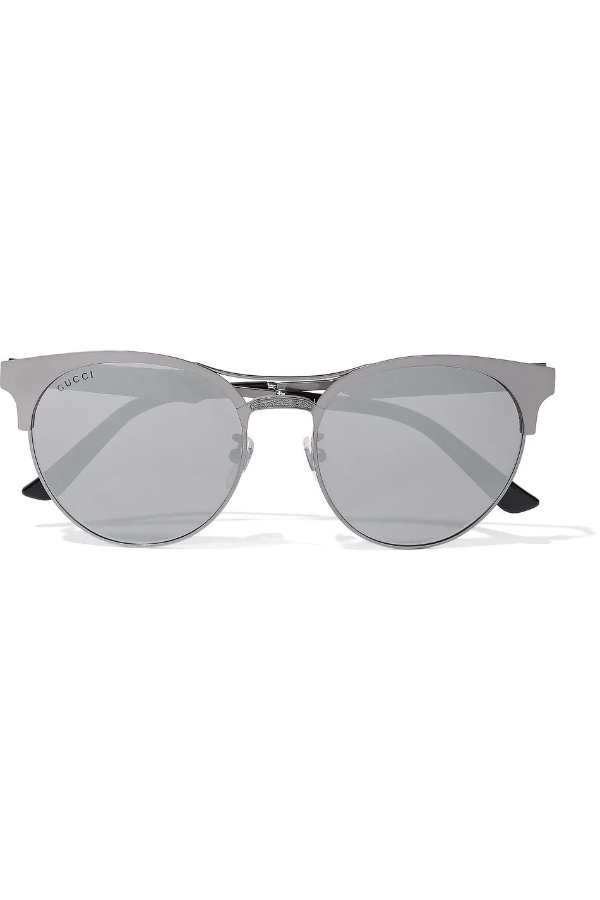 Round-frame gunmetal-tone mirrored sunglasses