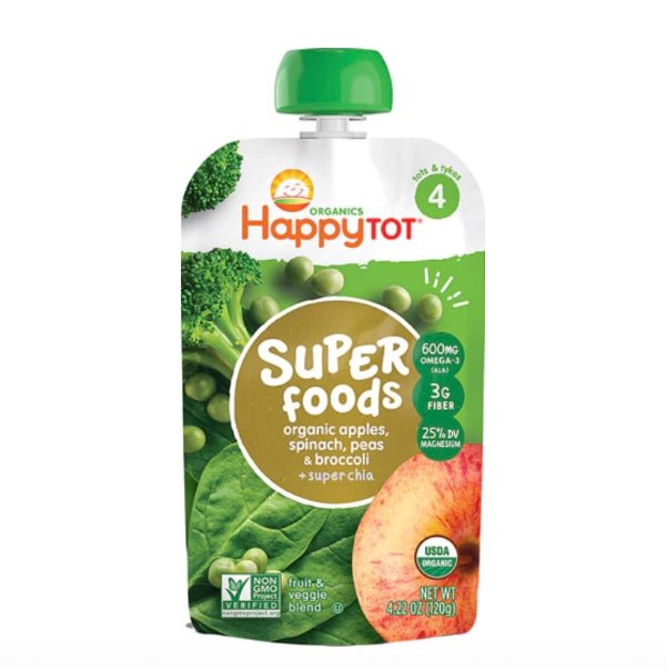 HappyTot® Superfoods Stage 4 Organic Toddler Food Organic Apples Spinach Peas & Broccoli plus Super Chia -- 4.22 oz