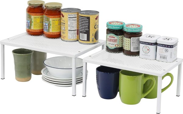 Expandable Stackable Kitchen Counter Shelf Organizer, White, Metal Top, 11.25"L x 7.9"W x 5.4"H