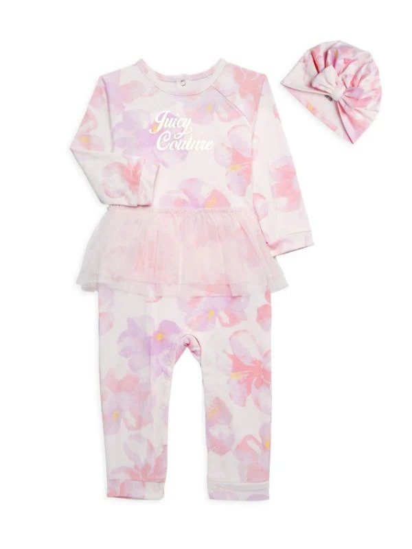 Baby Girl's 2-Piece Floral Coverall & Hat Set