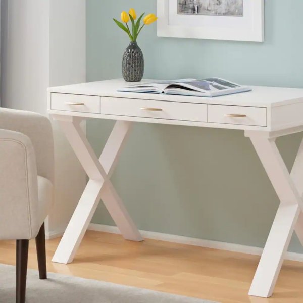 48 in. Rectangular Ivory 3 Drawer Writing Desk with Built-In Storage