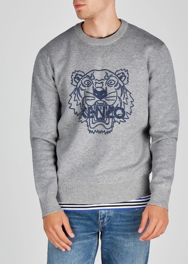 Grey tiger-intarsia wool-blend jumper
