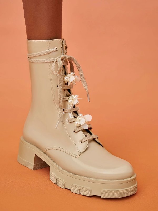 Hayden Bead-Embellished Patent Boots - Nude