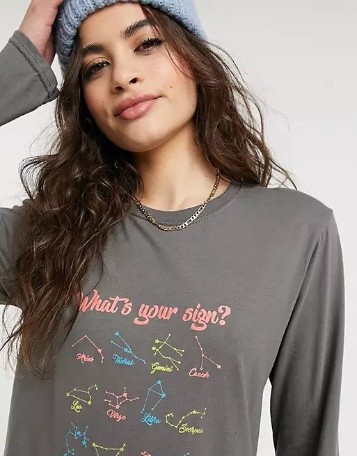long sleeve star sign t-shirt in charcoal | ASOS