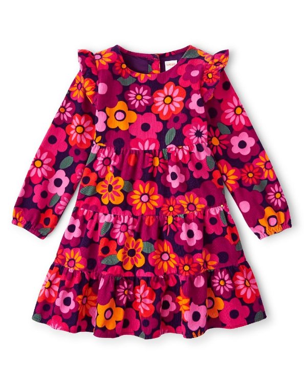 Girls Long Sleeve Floral Print Corduroy Tiered Dress - Berry Cute