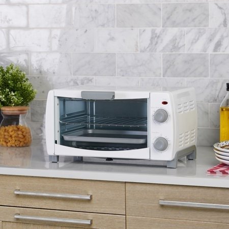 4-Slice White Toaster Oven with Dishwasher-Safe Rack & Pan