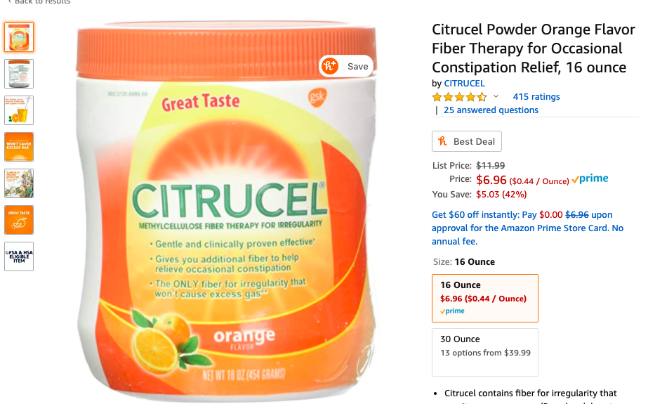 Citrucel Powder Orange Flavor Fiber Therapy for Occasional Constipation Relief, 16 ounce 通便纤维粉
