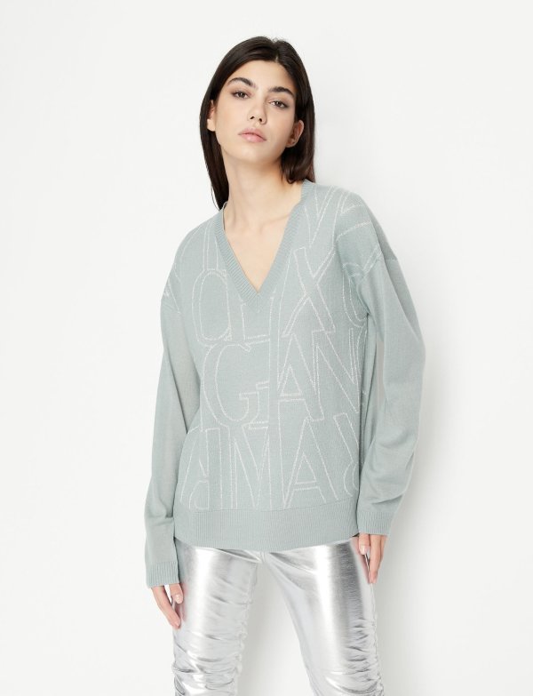 METALIZED ALL OVER LOGO SWEATER, V Neck for Women | A|X Online Store