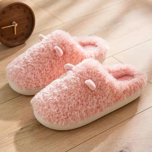Cute Ear Plush Slippers Home Indoor Pure Color Non-slip Fluffy Warm Plush Slipper