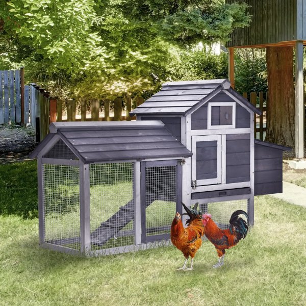 PawHut 59" Solid Wood Enclosed Outdoor Backyard Chicken Coop Kit with Ventilation Door, Removable Tray & Chicken Nesting Box Grey, Medium Chicken Coop | Aosom