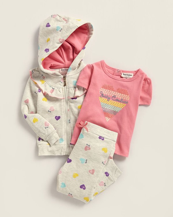 (Infant Girls) 3-Piece Rainbow Heart Fleece Hoodie & Pants Set