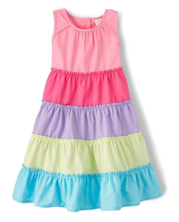 Girls Sleeveless Rainbow Colorblock Poplin Tiered Dress