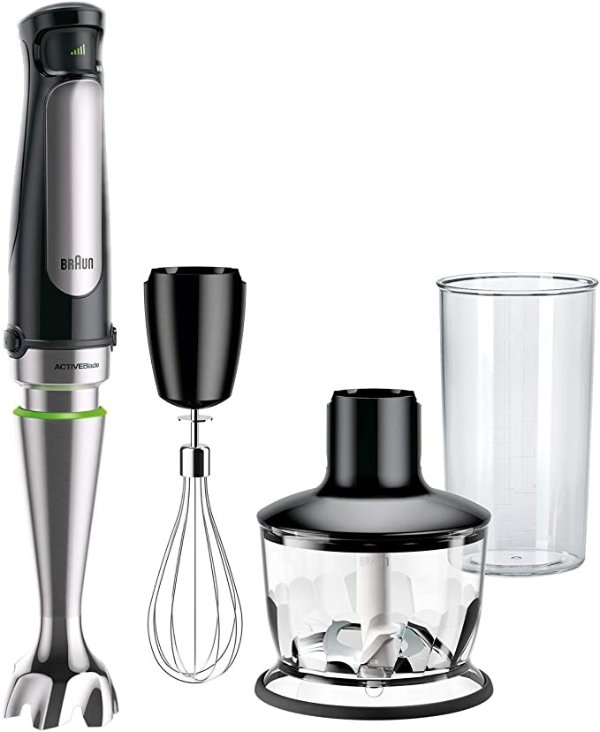 3-in-1 Immersion Hand Blender, Powerful 500W Stainless Steel Stick Blender, Variable Speed + 2-Cup Food Processor, Whisk, Beaker, High Quality Faster, Finer Blending, MultiQuick MQ7035