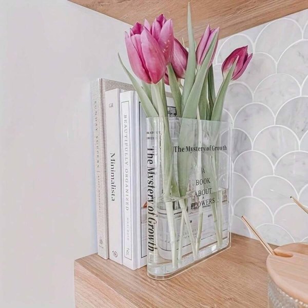 Bookend Vase For Flowers, Cute Bookshelf Decor, Unique Vase For Book Lovers, Artistic And Cultural Flavor Acrylic Vases For Home Office Decor, A Book About Flowers