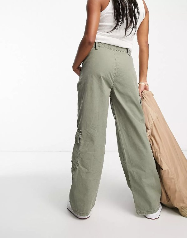 ASOS DESIGN Petite oversized cargo pants with multi pocket in khaki