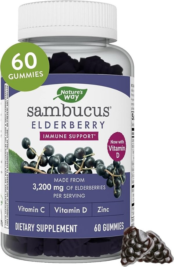 Sambucus Elderberry Gummies, Herbal Supplements with Vitamin C and Zinc, Gluten Free, Vegetarian, 60 Gummies (Packaging May Vary)