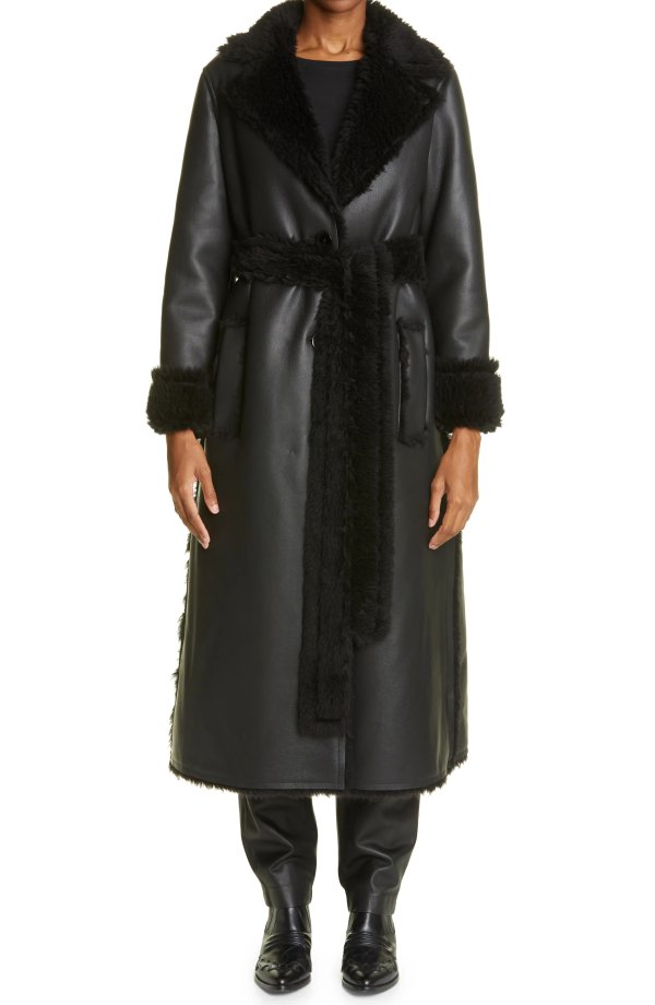 Millan Faux Leather Long Coat with Faux Shearling Trim