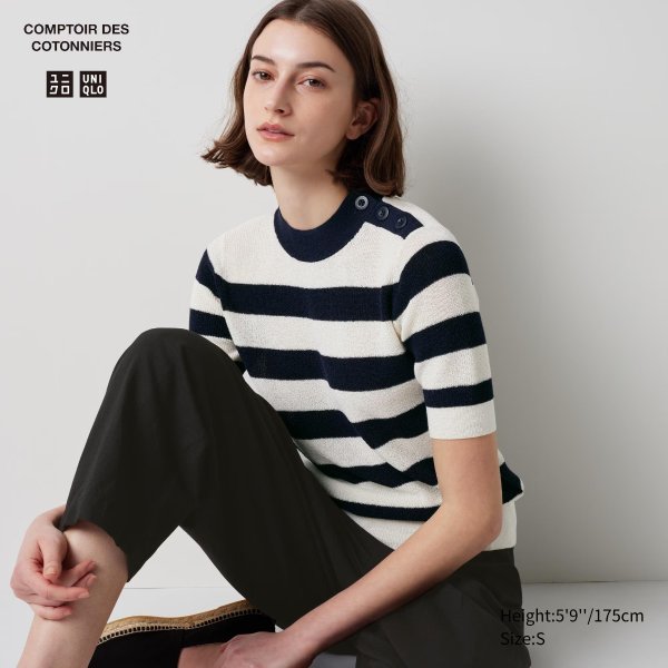 Linen-Blend Striped Half-Sleeve Sweater | UNIQLO US