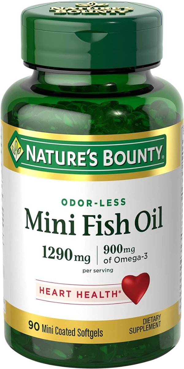 Nature’s Bounty Mini Fish Oil, 1290 mg, 900 mg of Omega-3, 90 Mini Coated Softgels, Unflavored