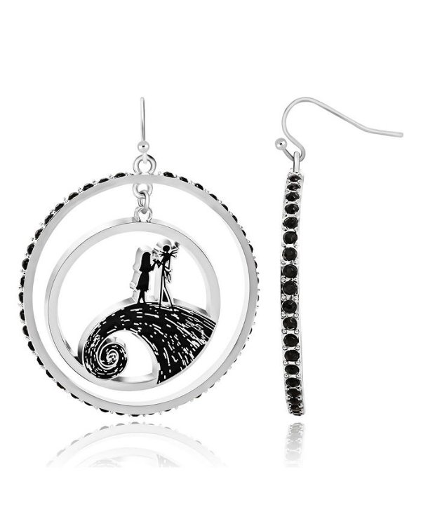 Womens The Nightmare Before Christmas Jack and Sally Double Circle Drop Hoop Earrings with Black Crystals
