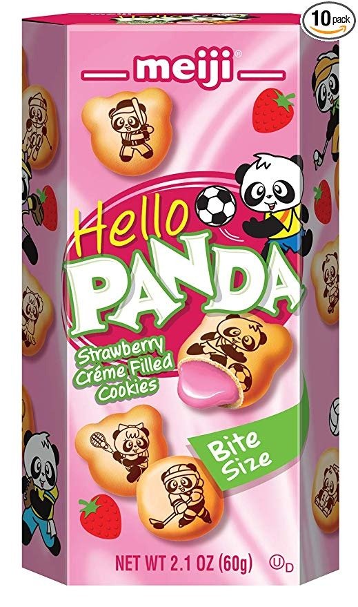 Hello Panda Cookies, Strawberry Creme Filled - 2.1 oz, Pack of 10 - Bite Sized Cookies with Fun Panda Sports