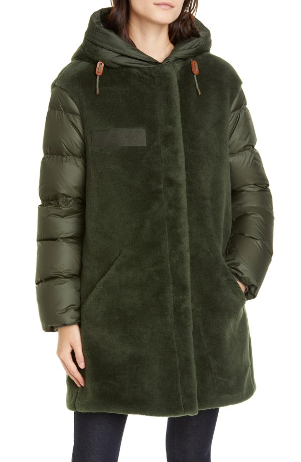Faux Shearling & Quilted Down Combo Puffer Coat
