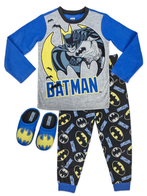 Boys Classic Long Sleeve Top and Pants 2-Piece Pajama Sleep Set with Slippers, Sizes 4-12