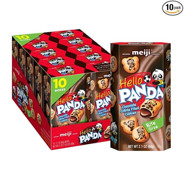 Hello Panda Cookies, Chocolate Creme Filled - 2.1 oz, Pack of 10 - Bite Sized Cookies with Fun Panda Sports