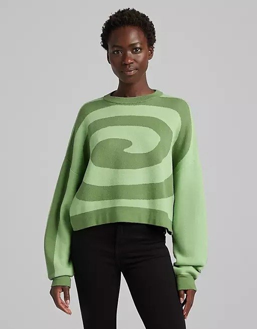 Bershka retro swirl detail sweater in green