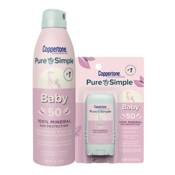 Pure and Simple Baby Sunscreen Spray + Stick Sunscreen SPF 50, Zinc Oxide Mineral Sunscreen for Babies Bundle, Water Resistant, Tear Free Sunscreen